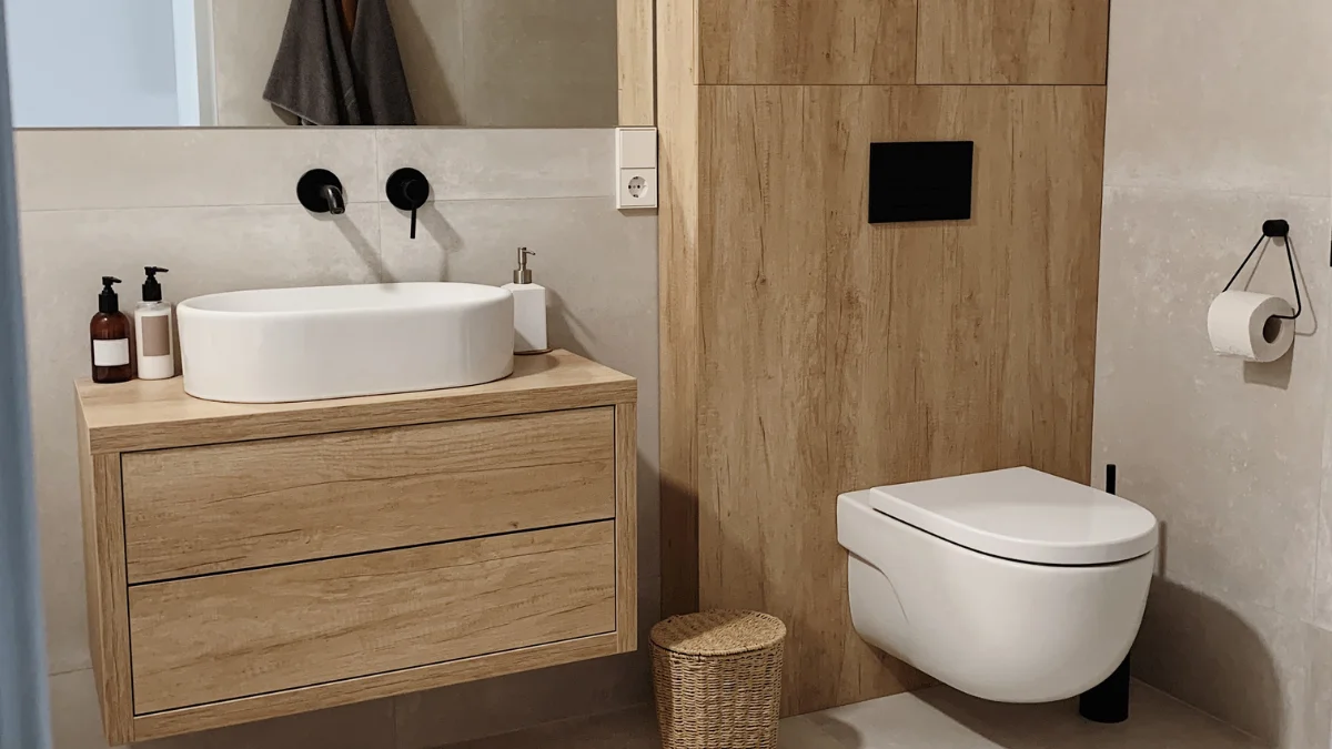 Aesthetic Wooden Apartment Bathroom Storage Inspo